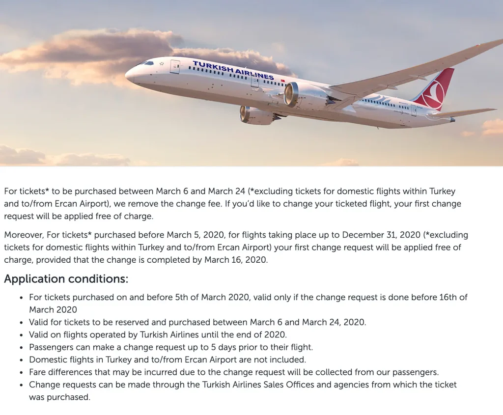 Turkish Airlines Offers Free Rebooks (COVID19)