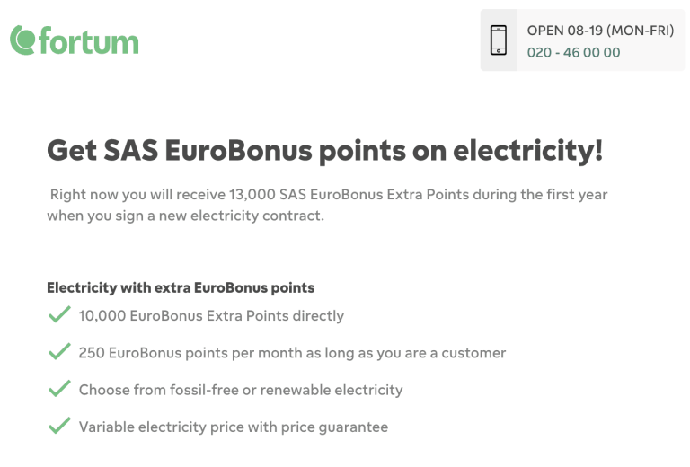 Fortum: Get 500kr or 13.000 SAS EuroBonus Points with your new electricity contract