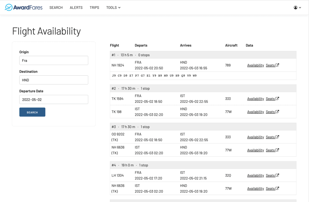 AwardFares new features May 2022 - Flight Availability 