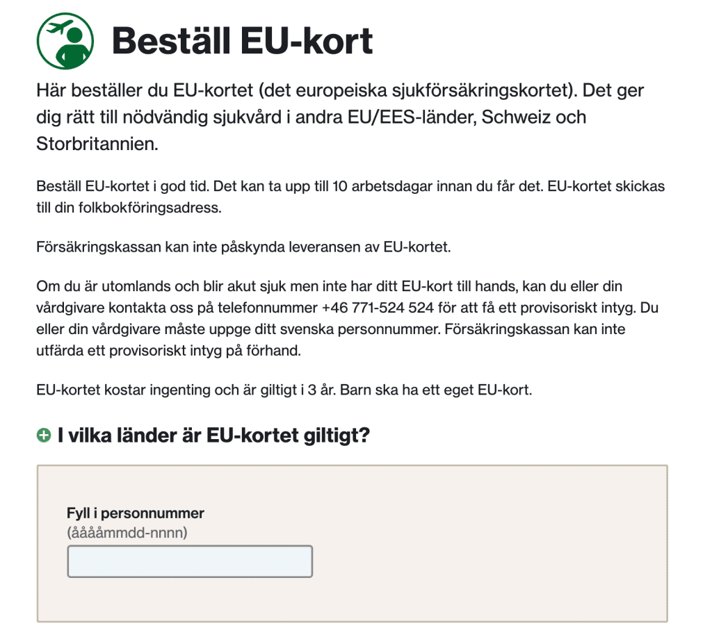 Order a European Health Insurance Card in Sweden from Försäkringskassan