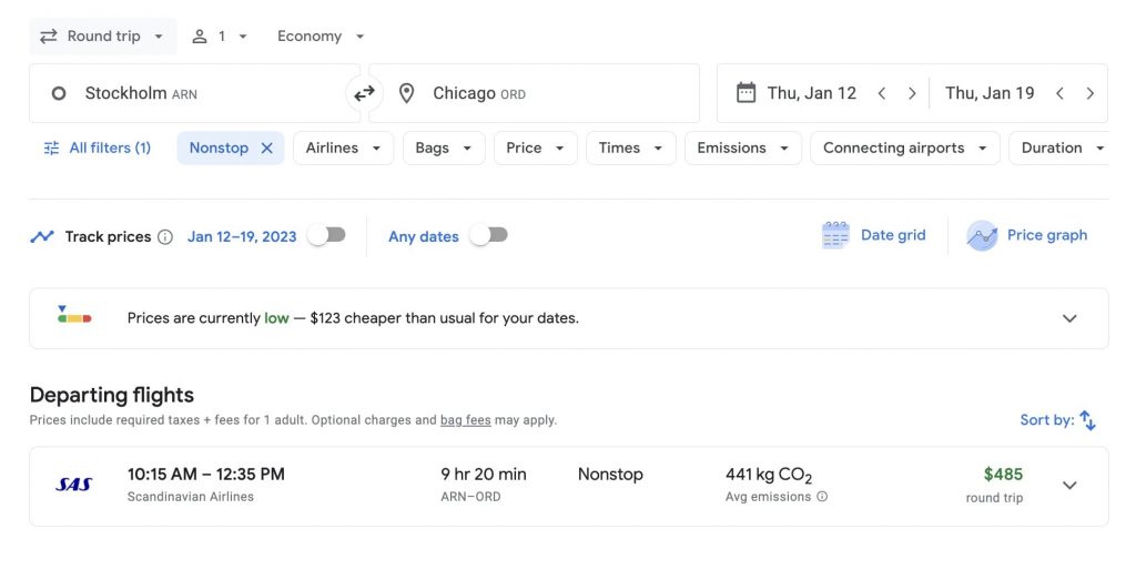 Google Flights Stockholm to Chicago with SAS