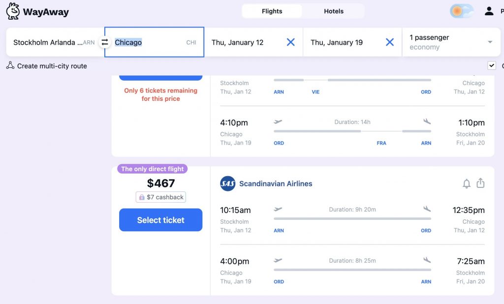 WayAway Stockholm to Chicago Search Results