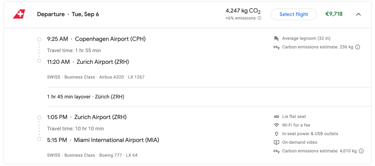 Copenhagen to Miami on Swiss Airlines (business class) cost on google flights