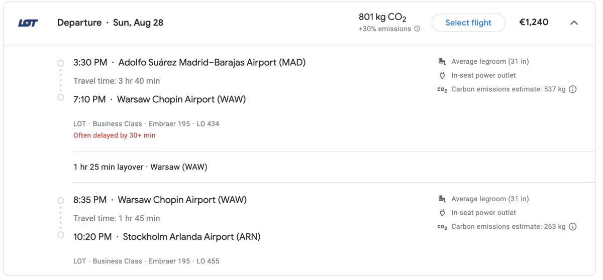 Madrid to Stockholm on LOT Polish Airlines