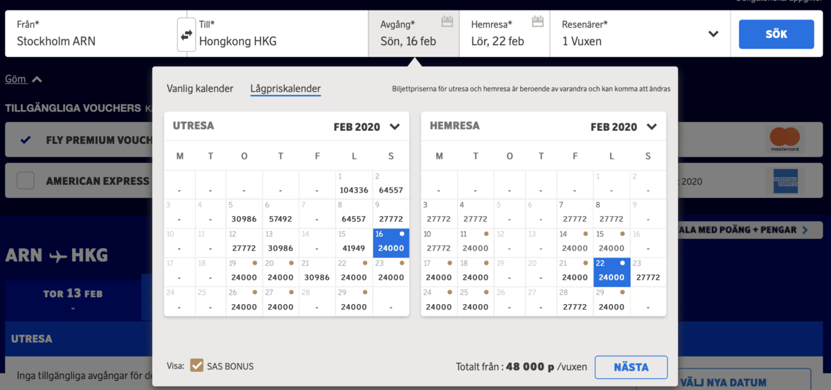 Stockholm to Hong Kong with SAS EuroBonus points (SAS Go)