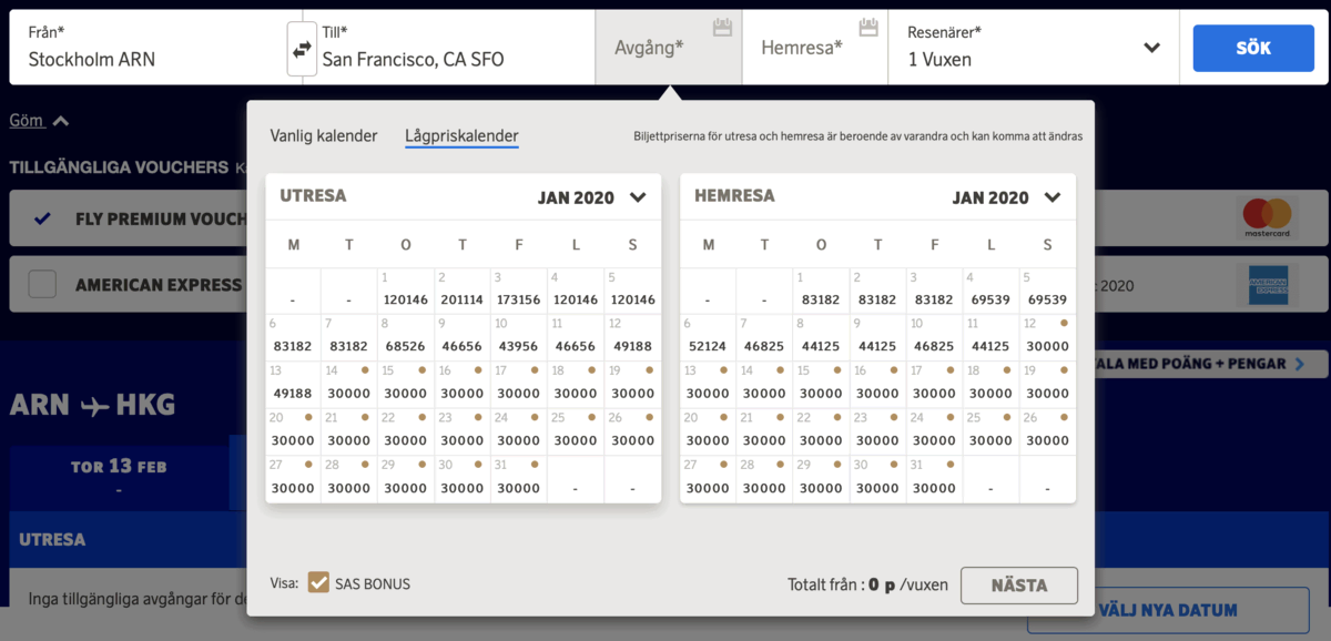 Dates with award availability Stockholm to San Francisco (SAS EuroBonus)