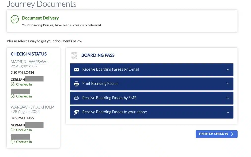 LOT airlines online check-in 1