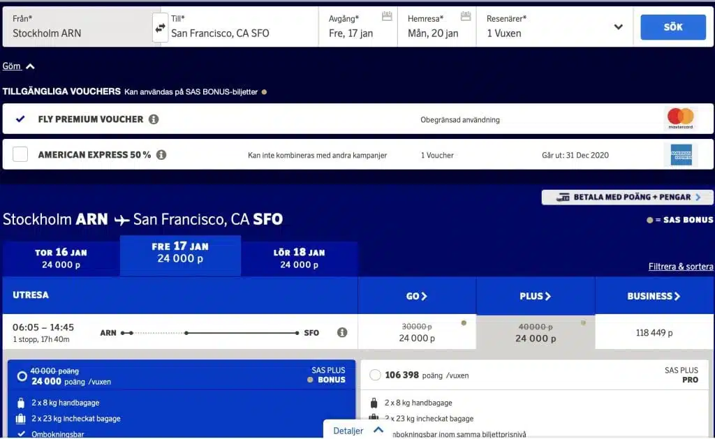 SAS Amex Elite Fly 2 for 1 Voucher Example
