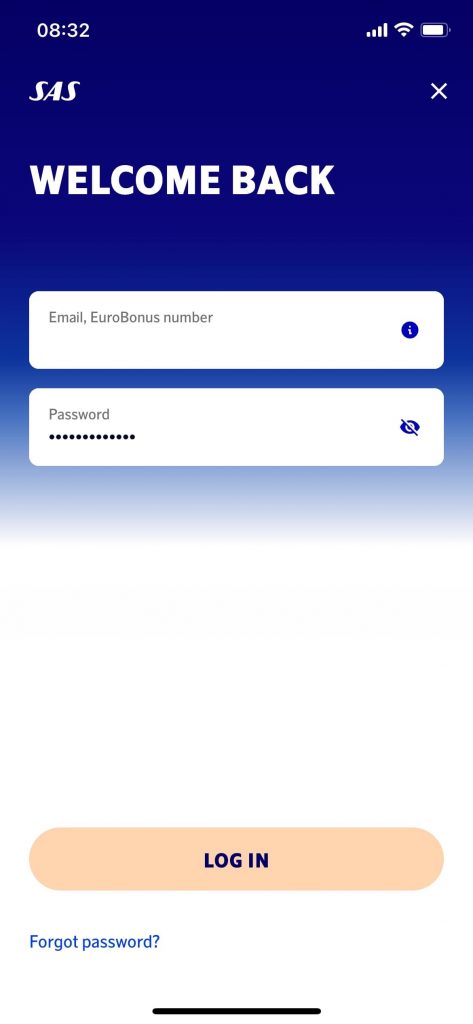 New SAS App for iPhone (2023) - Log in Screen