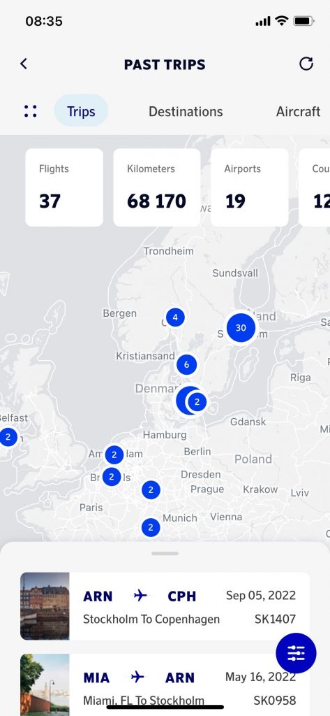 New SAS App for iPhone (2023) - Past Trips Map