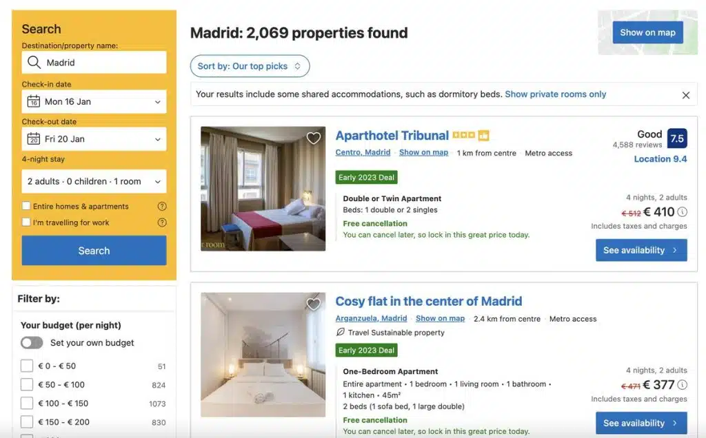 Booking.com Early 2023 Deals (Madrid)