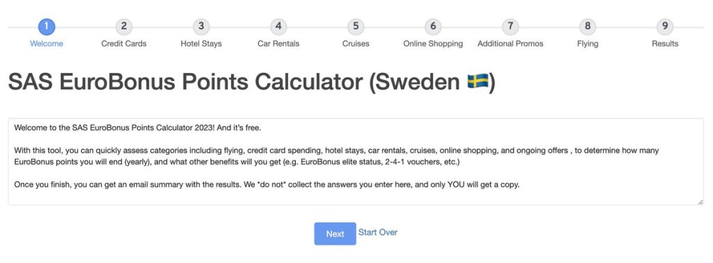 SAS EuroBonus Points Calculator 2023