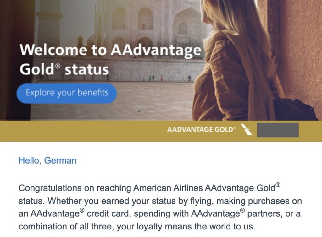 Welcome email to AAdvantage Gold status (2023)