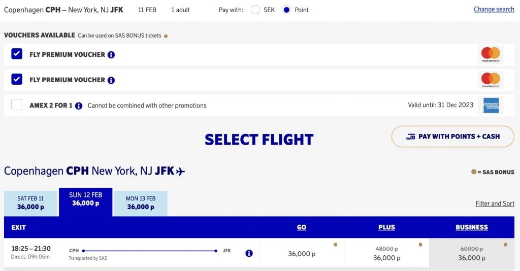 SAS JFK to Copenhagen book with SAS EuroBonus