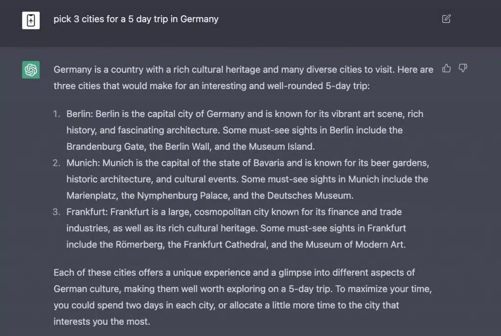 ChatGPT Travel Planner: Cities in germany