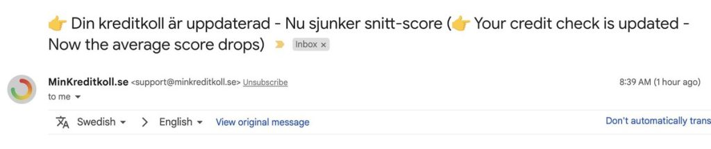 minKreditkoll email (Defero notification)- when your credit score changes