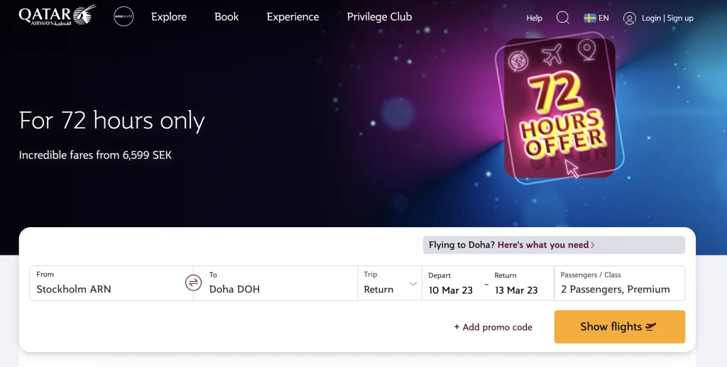 Qatar Airways Flash Sale February 2023 (72h)
