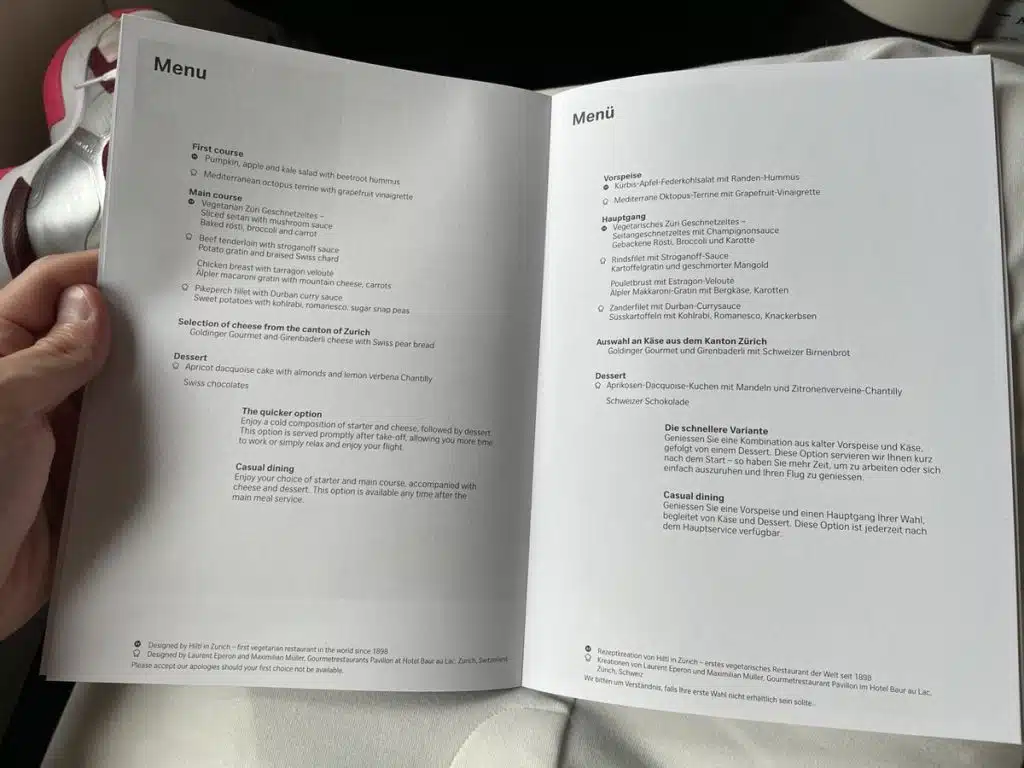 Swiss Business Class in 2023: Menu