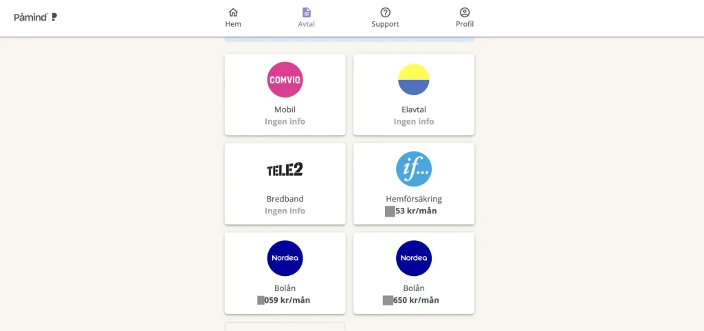 Påmind Services Overview (Dashboard)