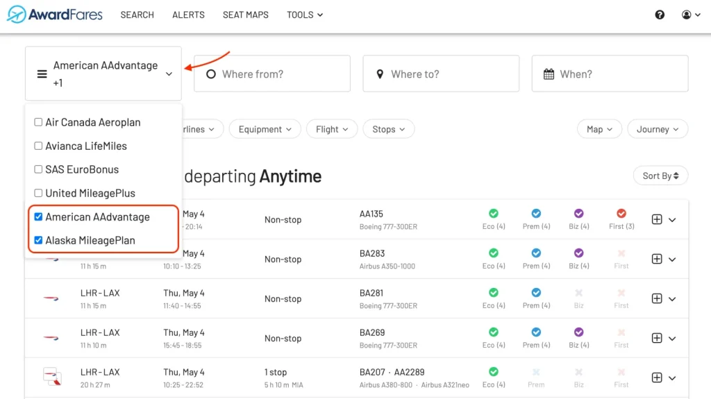 AwardFares now supports American AAdvantage and Alaska MileagePlan (New AwardFares Features)