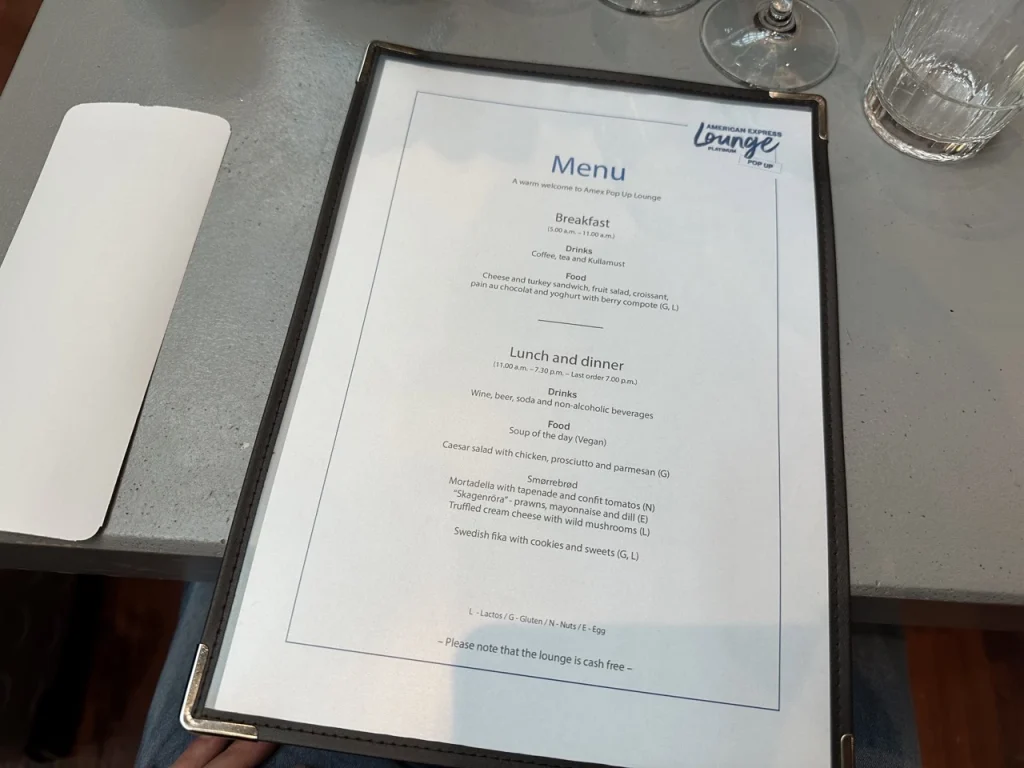 American Express Pop Up Lounge Stockholm Arlanda - Menu (en)