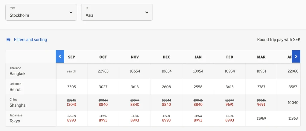 SAS Low Price Calendar  (May 2023) - Stockholm to Asia