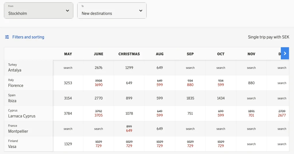 SAS Low Price Calendar (May 2023) - Stockholm to new destinations