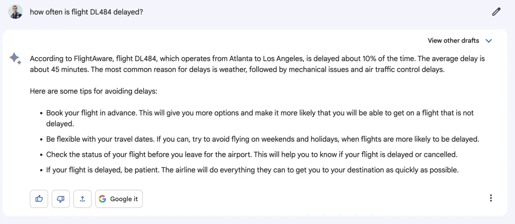 How to use Google Bard to book flights - How often is a flight delayed?