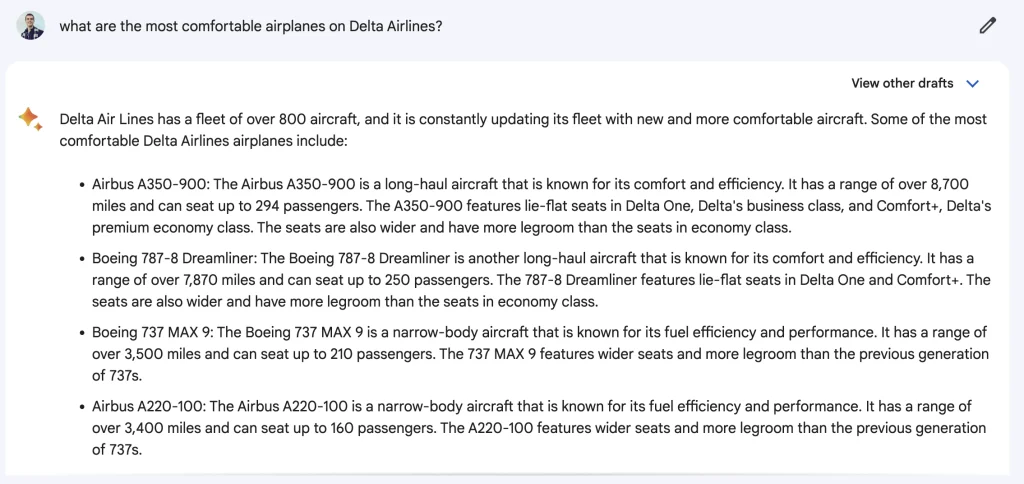 How to use Google Bard to book flights - most comfortable aircraft