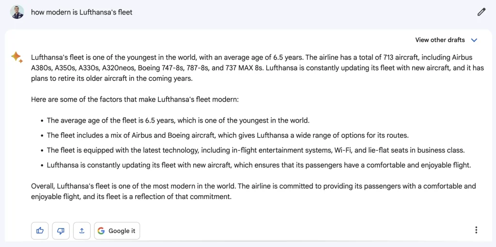 How to use Google Bard to book flights - Airline fleet age
