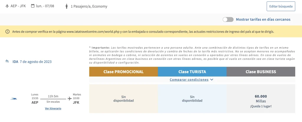 Aerolineas Argentinas AEP to JFK (nonstop) using Aerolineas Plus miles - August 7