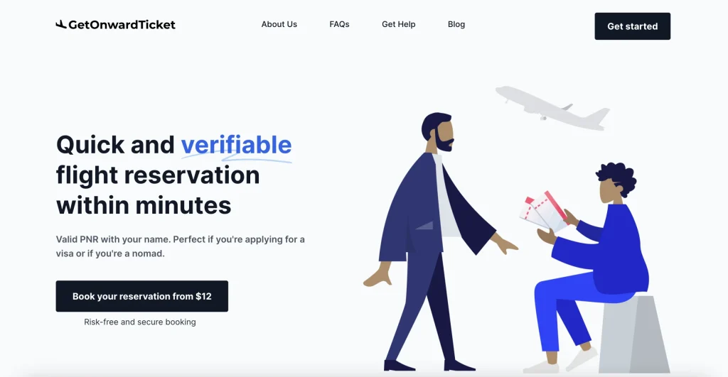 GetOnwardTicket Home Page (2023) - One of the best dummy ticket generators.