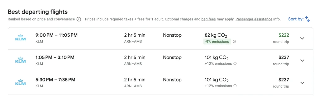 Throwaway ticketing example: Stockholm to Amsterdam with KLM (round trip)