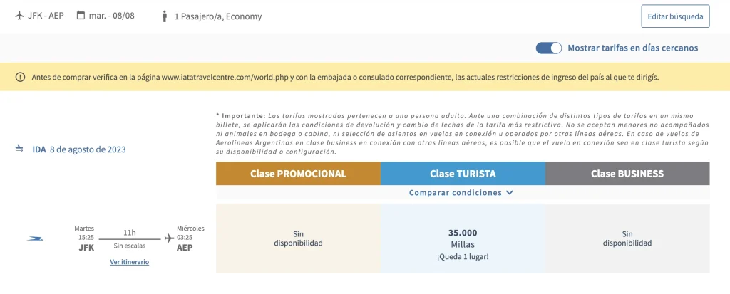 Aerolienas Argentinas JFK to AEP (nonstop) using Aerolineas Plus miles - August 08