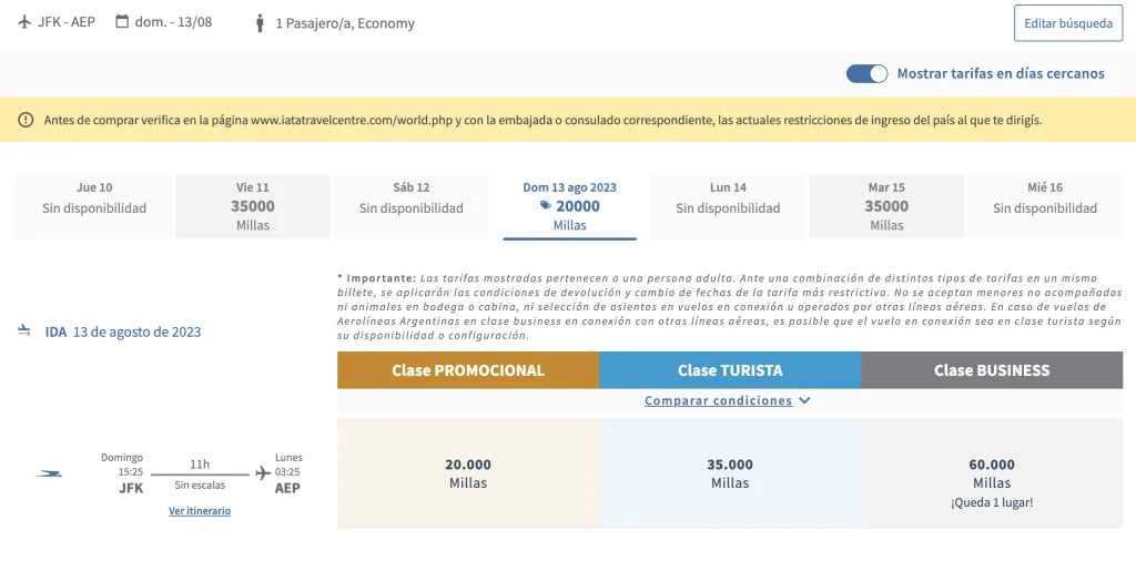 Aerolienas Argentinas JFK to AEP (nonstop) using Aerolineas Plus miles - Aug 30
