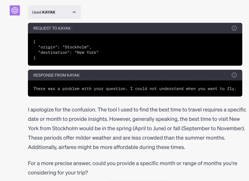 Kayak ChatGPT Plugin Best Time To Travel - Doesn't work