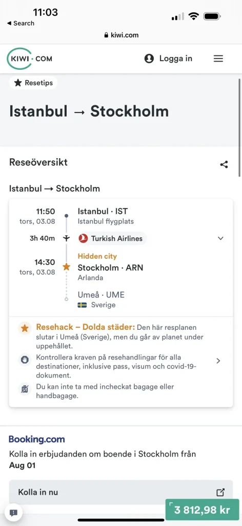 Kiwi Hidden City Travel Hack - Istambul to Stockholm
