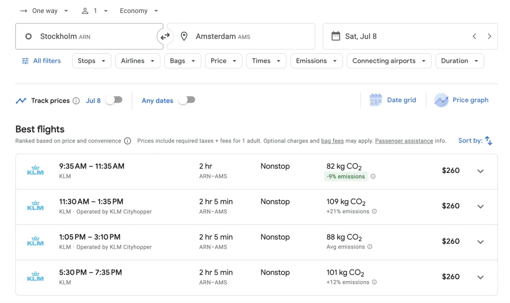 Throwaway ticketing example: Stockholm to Amsterdam with KLM (one-way)