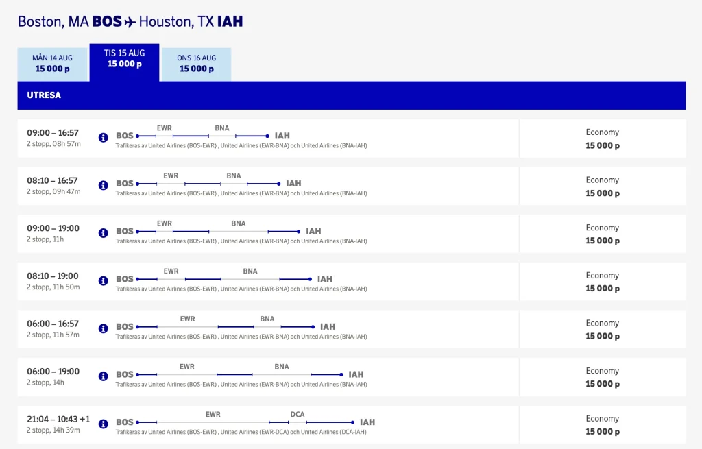 Boston to Houston with United using SAS EuroBonus points