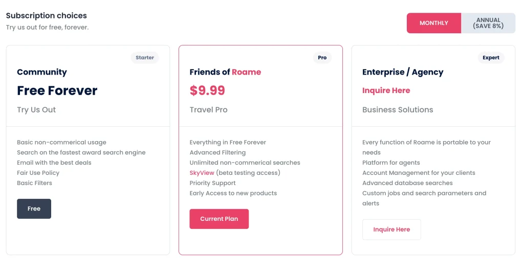 Roame Travel Pricing - Friends of Roame