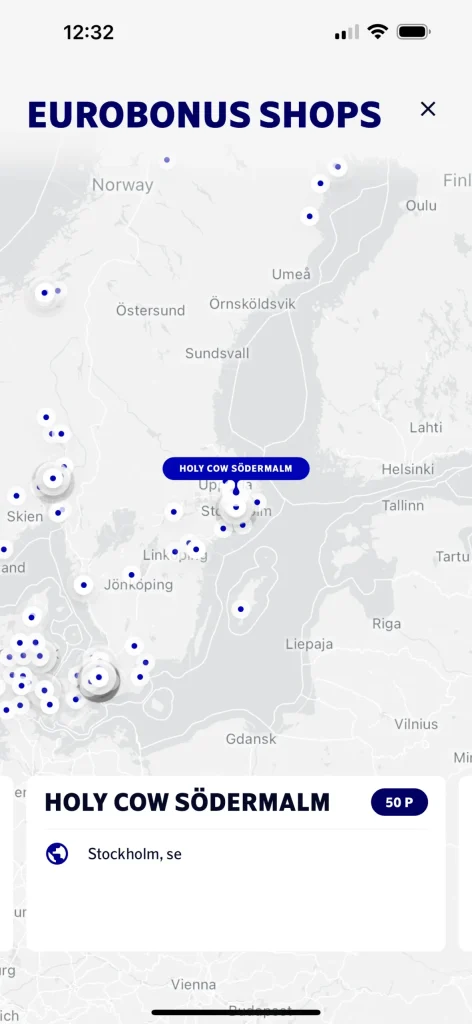 Map with stores that earn EuroBonus points