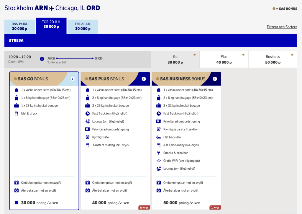 SAS Stockholm to Chicago (Best EuroBonus Redemptions July 2023)