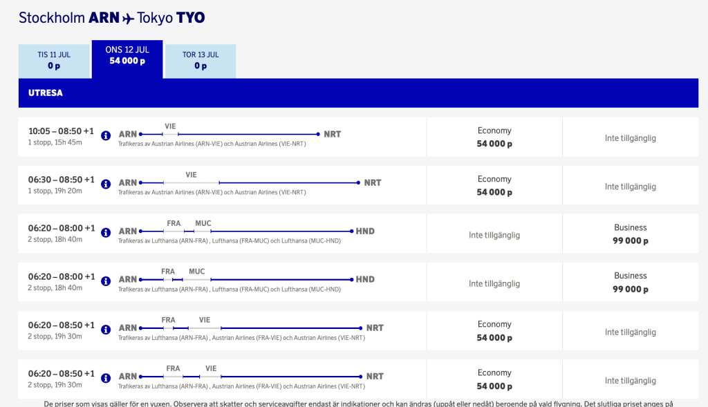 SAS Stockholm to Tokyo - July 2023