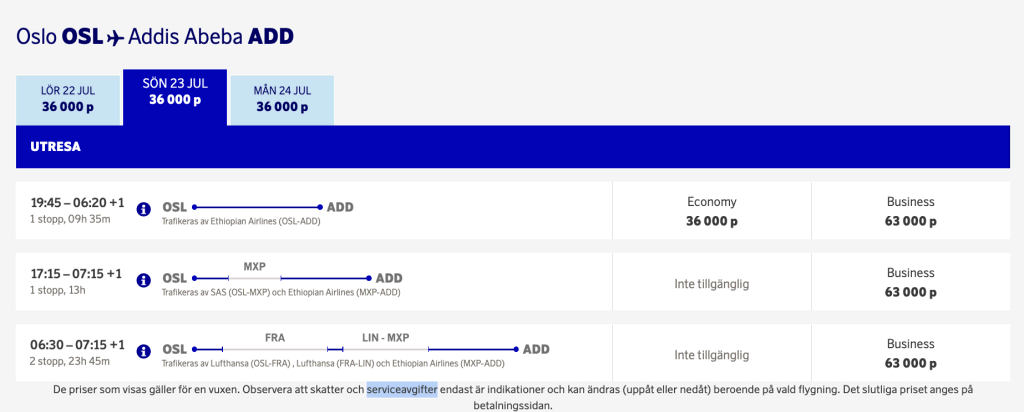 SAS Oslo to Addis Abeba - July 2023