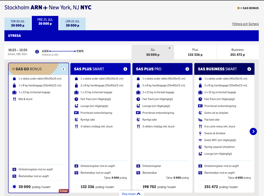 SAS Stockholm to New York - July 2023