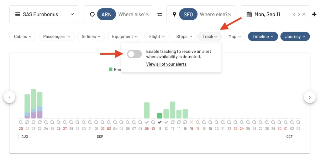 AwardFares set up an alert from the search results.