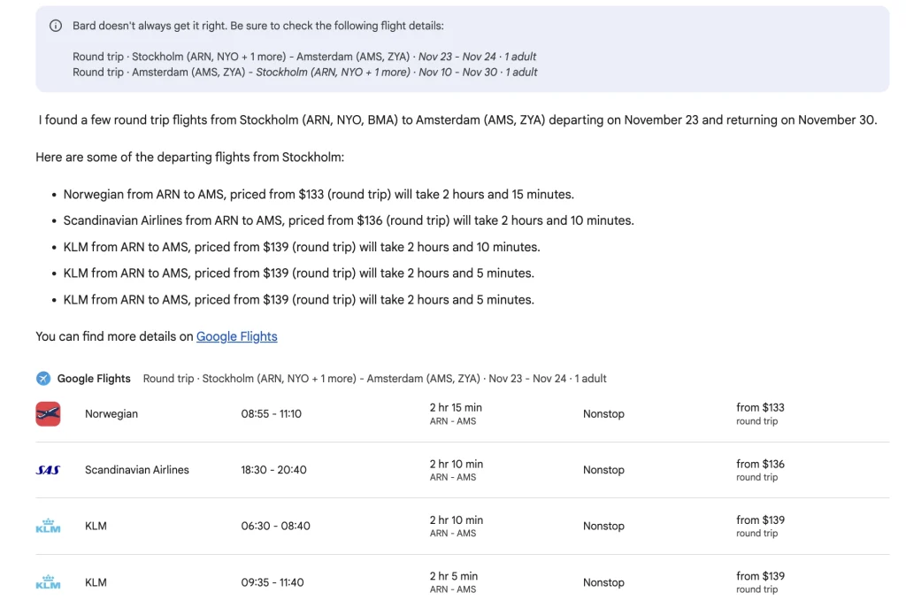 Google Flights extension for Google Bard: Cheapest Flights