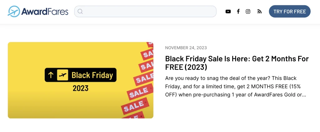 AwardFares Black Friday 2023 Sale (AwardFares Blog)