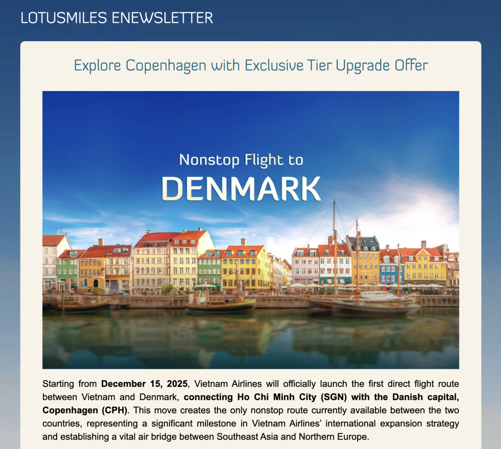 Vietnam Airlines new Copenhagen route, nonstop flight from Copenhagen to Ho Chi Minh City, starting December 15th, 2025.